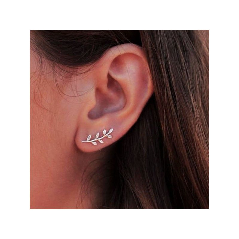 Olive Leaves Crawler Silver Earrings