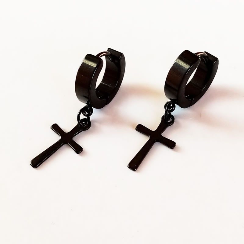Pendientes Acero Negros con Cruz
