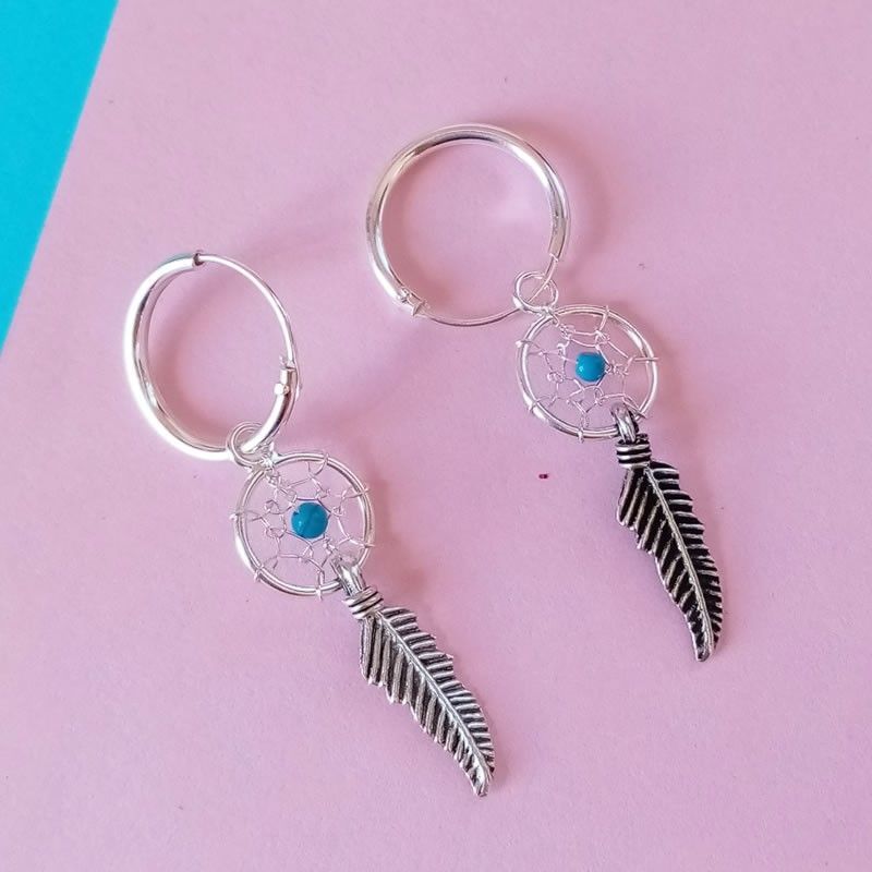 Dream Catcher silver hoop earrings