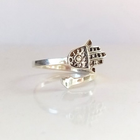 Side View of Adjustable Hamsa Hand Ring in Sterling Silver