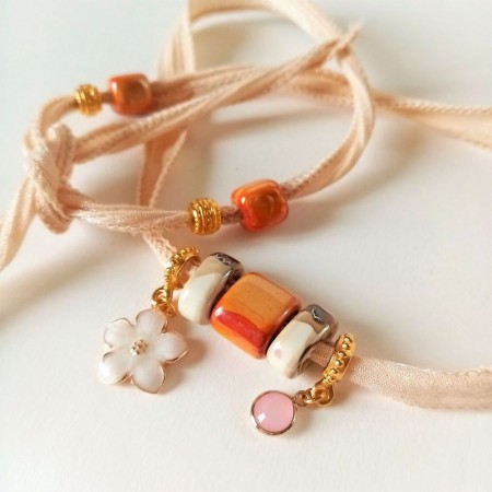 Boho Beige Bracelet with Greek porcelain beads and gold steel charms