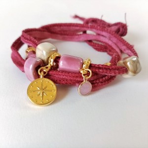 Burgundy  bracelet with Greek porcelain beads and gold charms 2