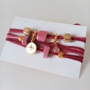 Burgundy  bracelet with Greek porcelain beads and gold charms
