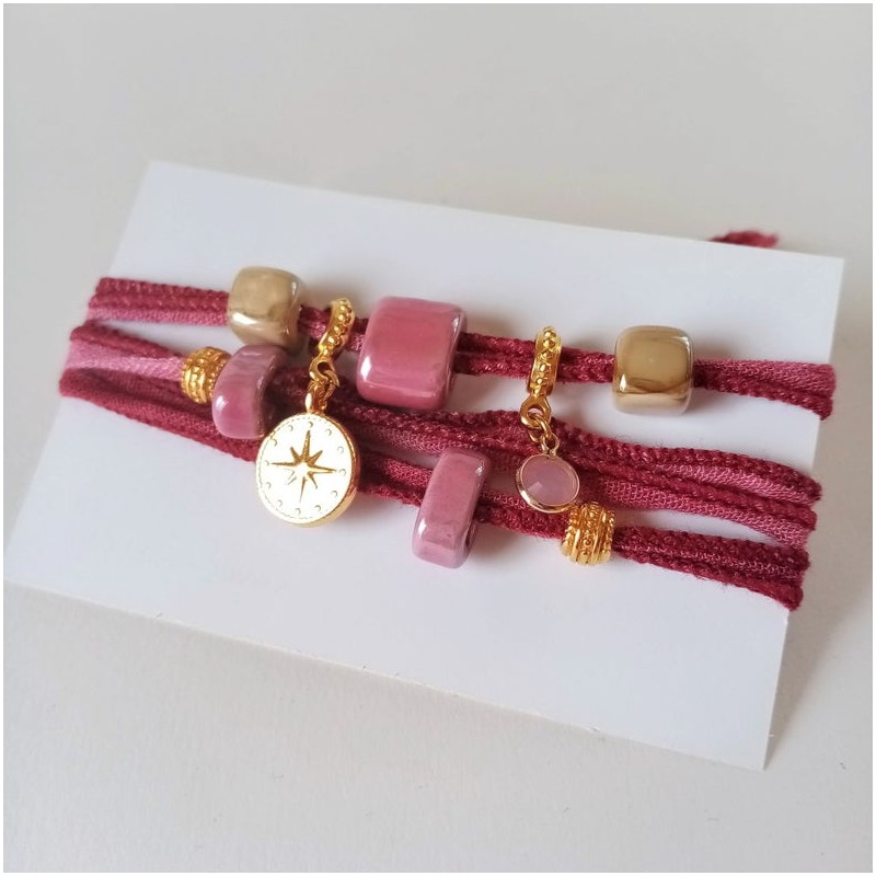 Burgundy  bracelet with Greek porcelain beads and gold charms