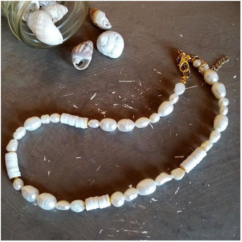 Collar Perlas de rio y heishi blanco
