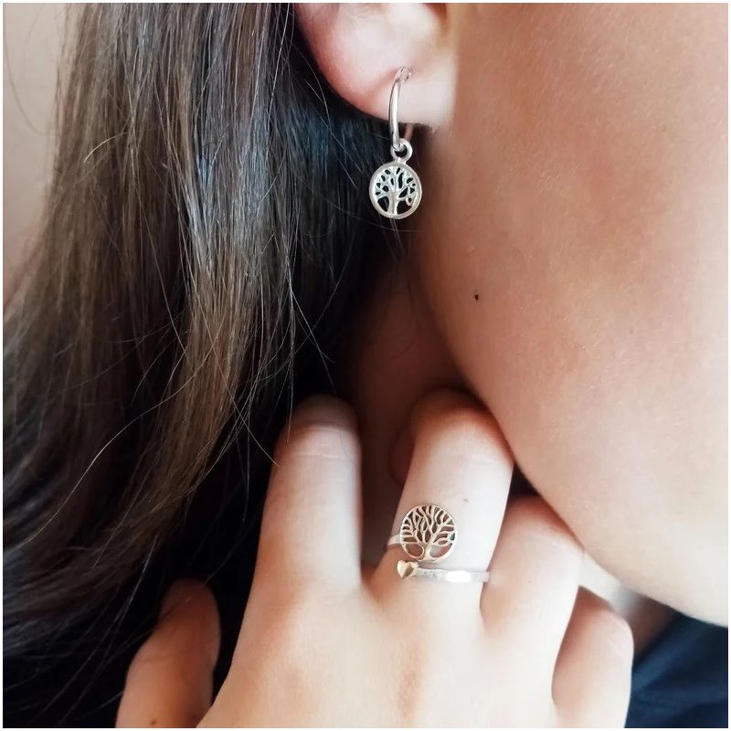 Adjustable 925 sterling silver ring with the Tree of Life and heart symbol.