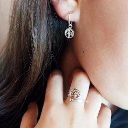 Adjustable 925 sterling silver ring with the Tree of Life and heart symbol.