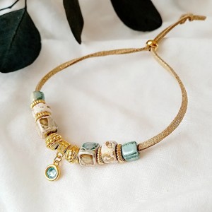 pulsera cuero dorado y turquesa 2