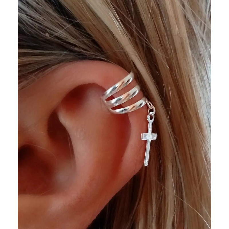 Sterling silver ear cuff with three hoops and hanging cross.