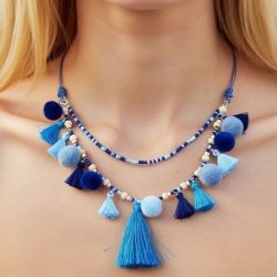 Boho Blue Tassel Pompom Necklace