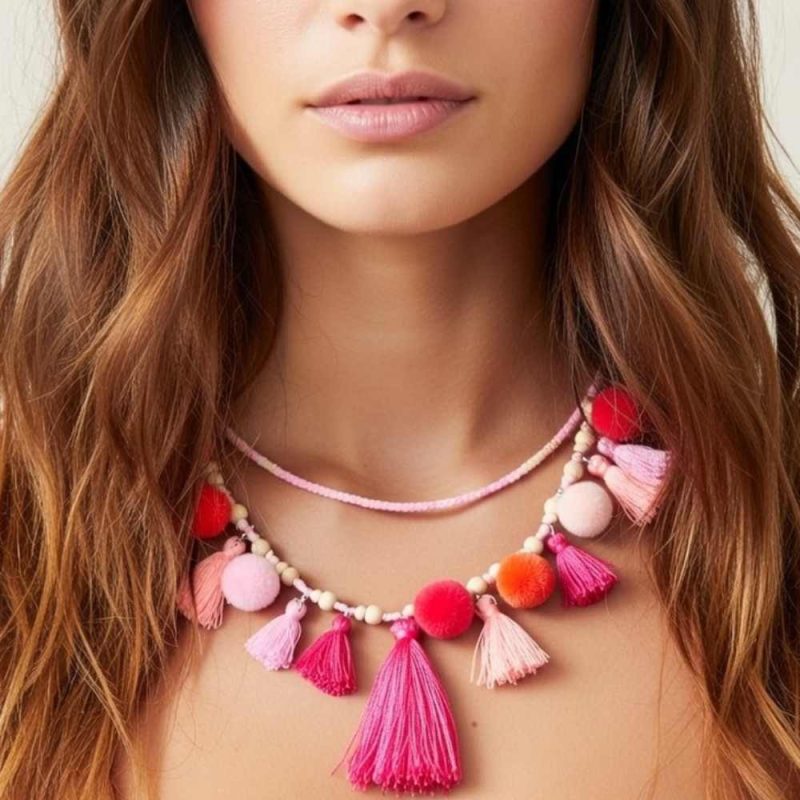 Pink Boho Pompom & Tassel Necklace