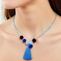 Turquoise Pom Pom Tassel Necklace Minimal Boho Blue Black