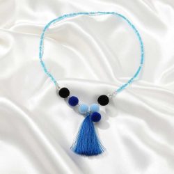 Turquoise Beaded Necklace with Blue Black Pom Poms & Long Tassel