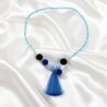 Turquoise Beaded Necklace with Blue Black Pom Poms & Long Tassel