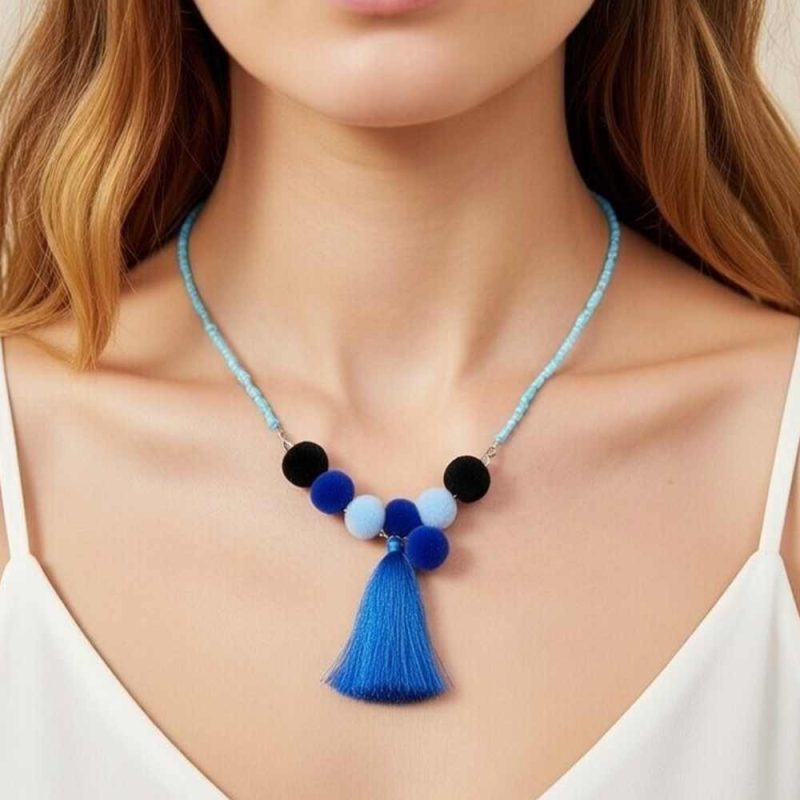Turquoise Pom Pom Tassel Necklace