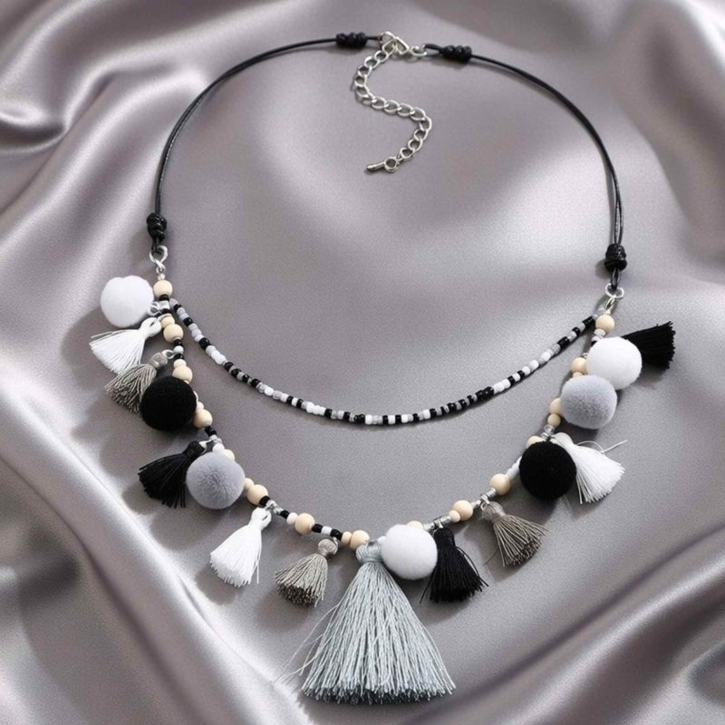 Neutral Boho Pompom Tassel Necklace