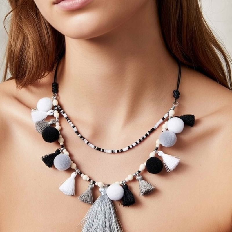 Neutral Boho Pompom Tassel Necklace