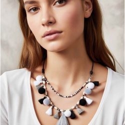 Neutral Boho Pompom Tassel Necklace