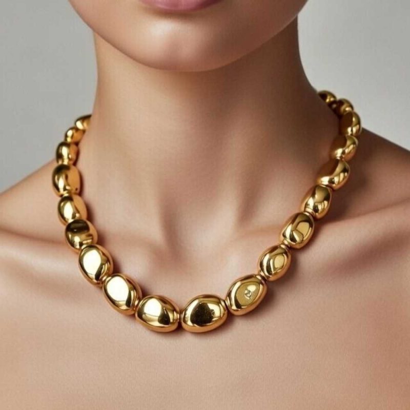 Chunky Irregular Pebble Bead Gold Necklace –...