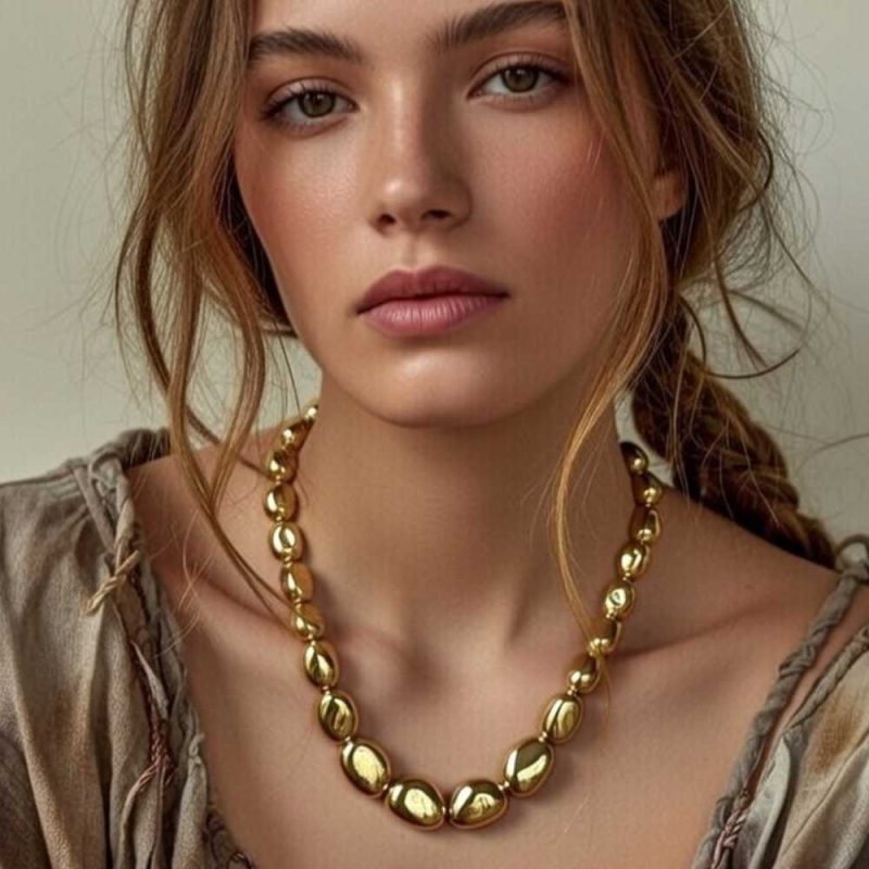 Chunky Irregular Pebble Bead Gold Necklace –...