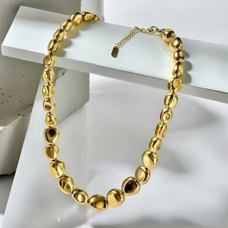 Chunky Irregular Pebble Bead Gold Necklace –...