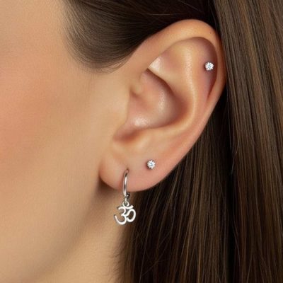 Silver Hoop Earrings with Om Symbol 2