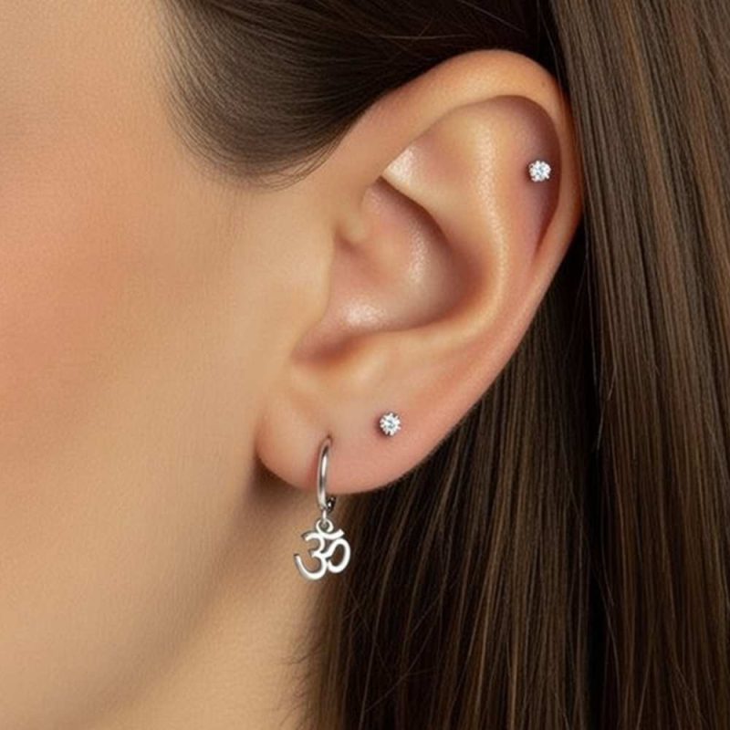 Silver Hoop Earrings with Om Symbol